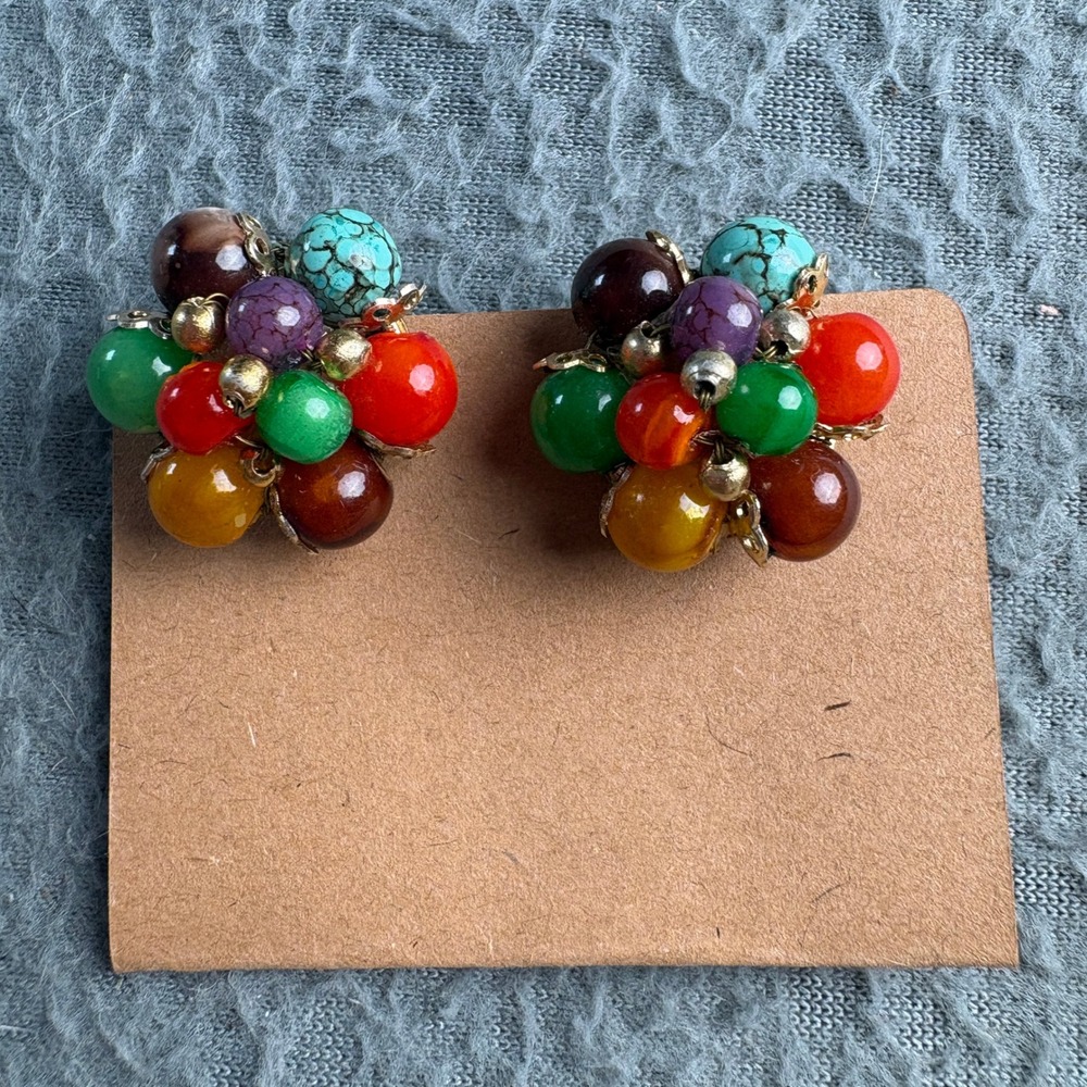 Vintage Hong Kong Multi Color Cluster Bead Clip On Earrings Gold Tone MidCentury